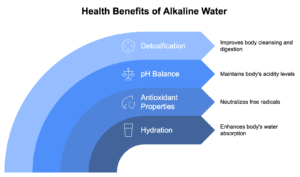 Infographic titled "Health Benefits of Alkaline Water" with sections: Detoxification, pH Balance, Antioxidant Properties, and Hydration; each with brief descriptions of benefits.